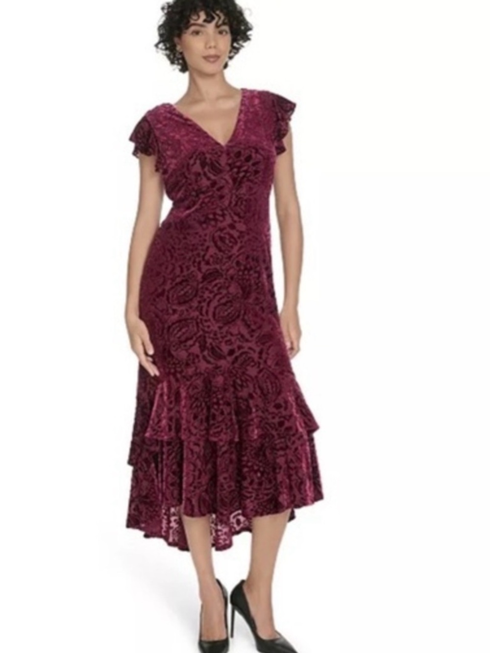 Tommy Hilfiger V-Neck Burgundy velvet Midi Dress with Ruffle Hem size 8